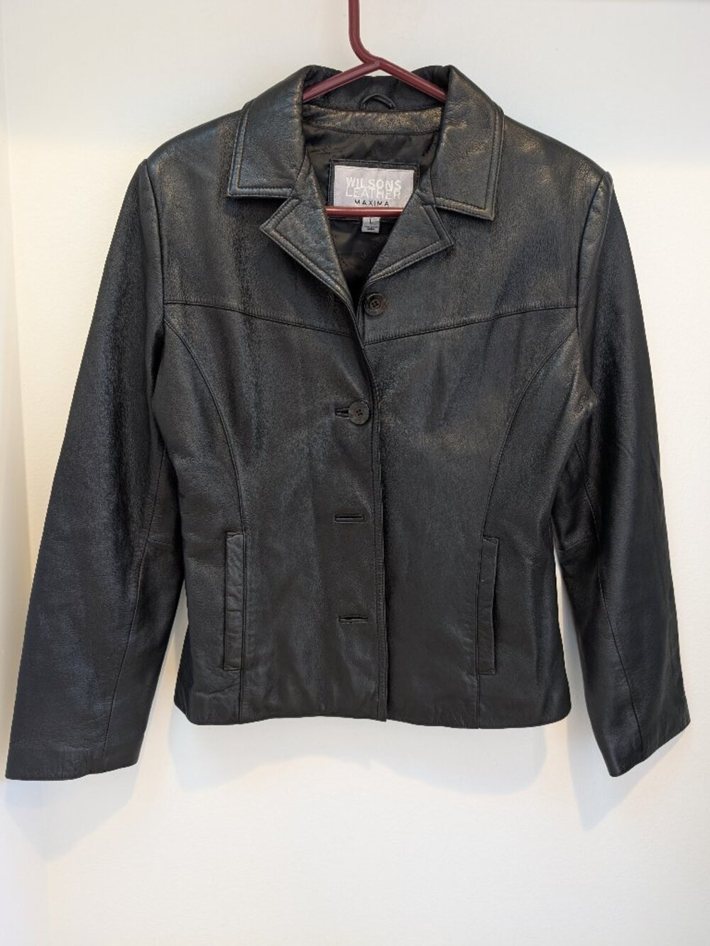 Women's Black Leather Button-up Maxima Jacket - Size Large